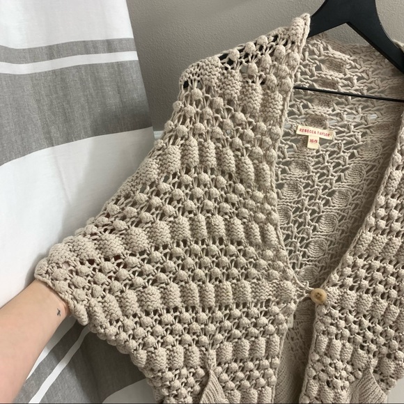 REBECCA TAYLOR Cream Ivory Crochet Open Knit Dolman Cocoon Sweater Cardigan XS/S - Picture 6 of 13